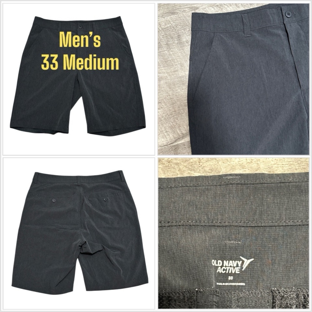 Men’s Old Navy Active 33 Shorts Chino Khakis Black Stretch Tech Flat Pockets